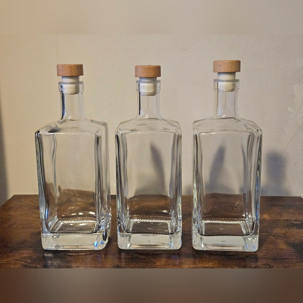 Clear Glass Bottles with Wooden Caps Set Of 3